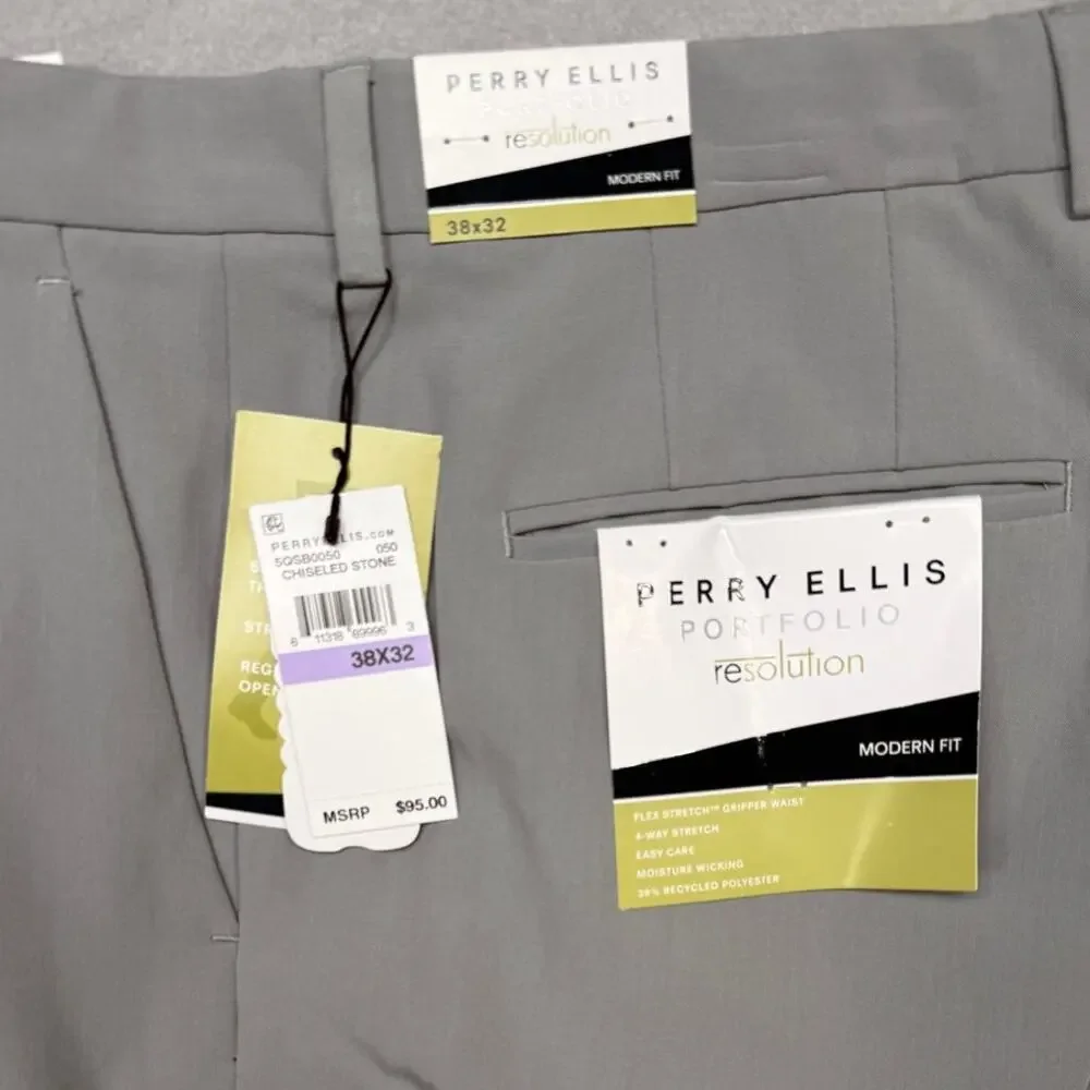 Perry Ellis Portfolio Men's Modern-Fit Stretch Pants Chiseled Stone 38x32 $95